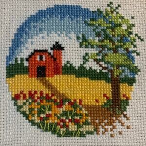 vintage handmade cross stitch country red barn landscape finished preworked 5x5
